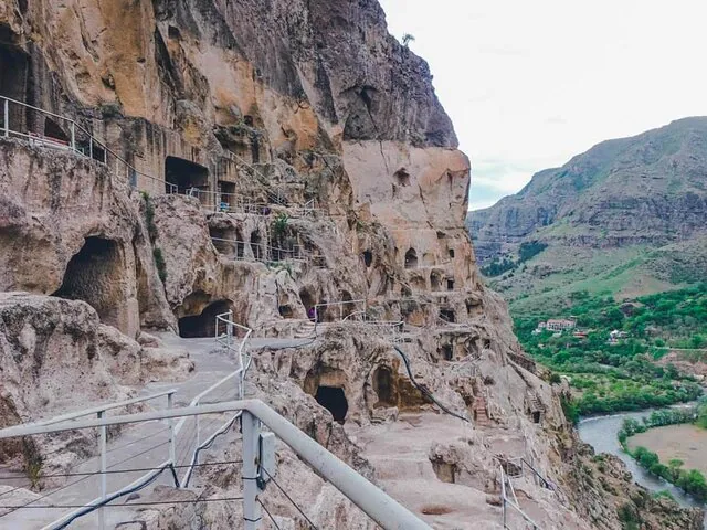 Vardzia cave monastery complex carved into the rock face in Georgia