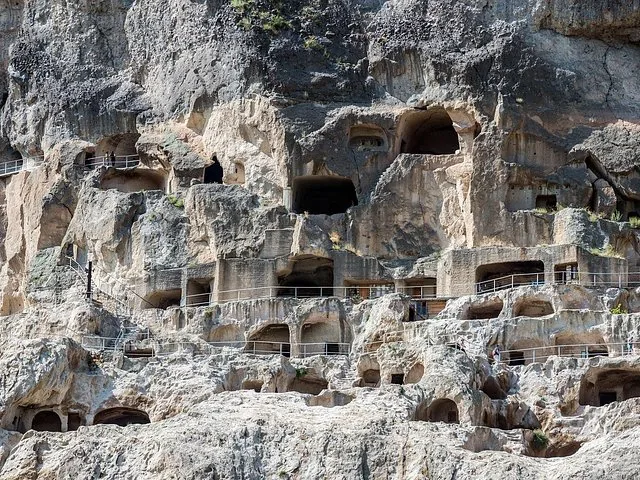 Close-up of the ancient Vardzia cave dwellings carved into the steep cliffside